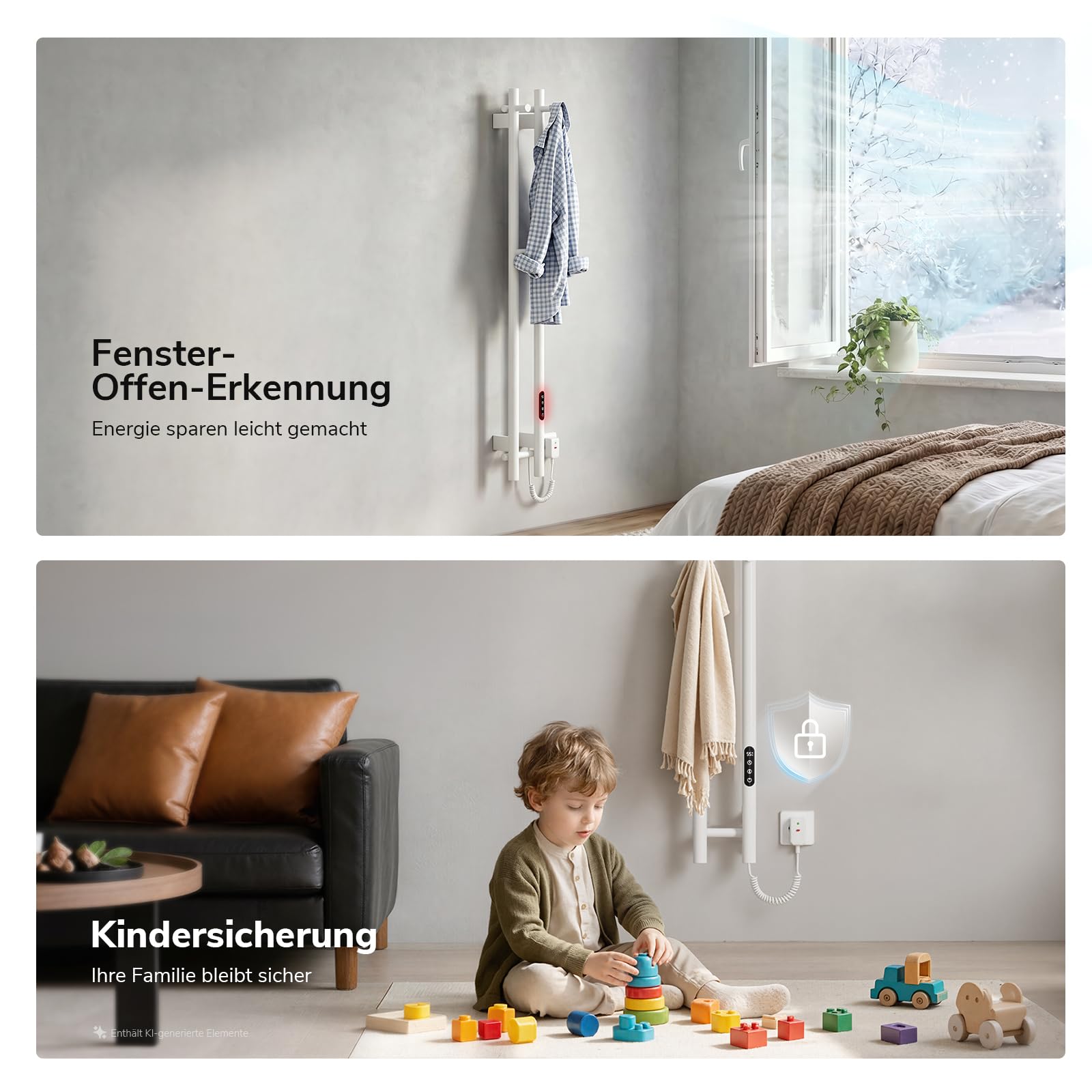 Heilmetz WiFi Handtuchheizkörper Elektrisch Weiß, Vertikal 2-Stangen Badheizkörper mit 4 Haken, Handtuchwärmer mit APP Steuerung, Timer & Temperaturregelung, 1200x124mm, 145W