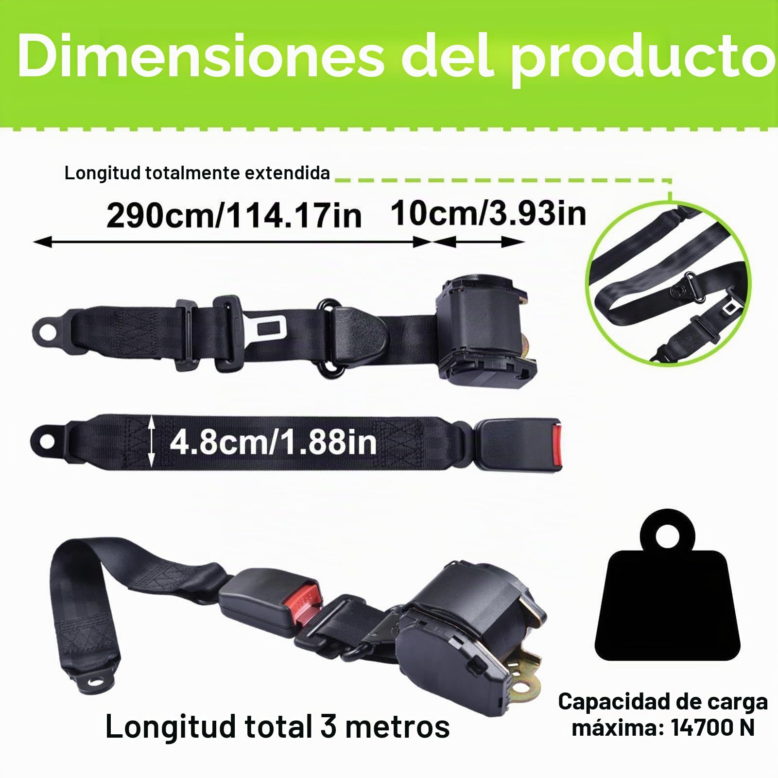 2 piezas de repuesto para cinturón de seguridad, 3 mx 48 mm, universal, automático, de tres puntos, para sedán, camiones, caravanas, vehículos y remolques, asientos delanteros y traseros