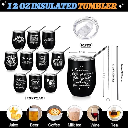 Miniatura 2 de Inbagi 10 vasos de agradecimiento a granel de 12 onzas con tapas y popote para compañeros de trabajo, tazas de café aisladas de acero inoxidable