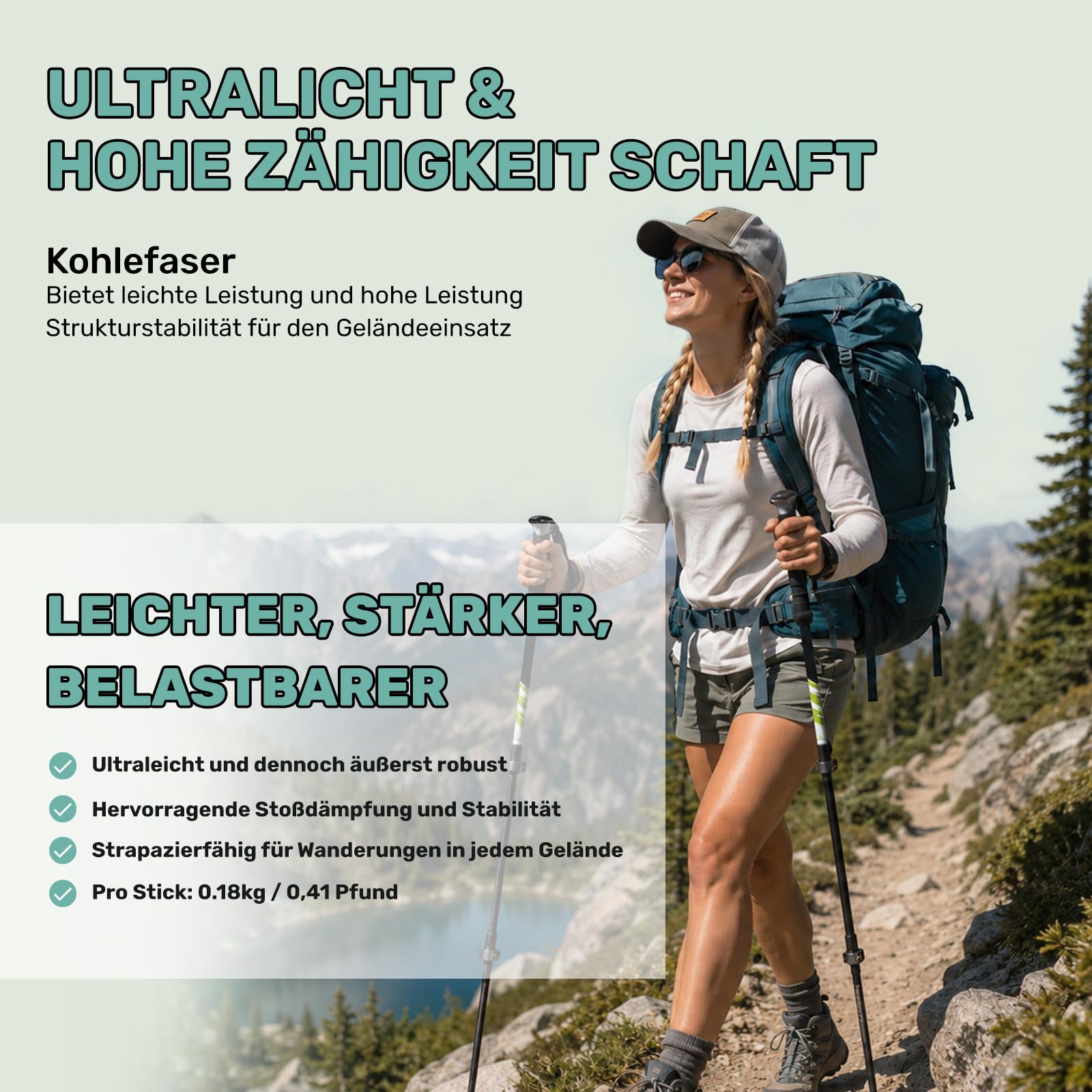 Carbon Trekkingstöcke 2er Set – Nordic Walking Stöcke Damen Herren, Wanderstöcke Teleskop Faltbar, Ultraleichte Walking Stöcke für Hiking Poles Trekking Wanderstock.