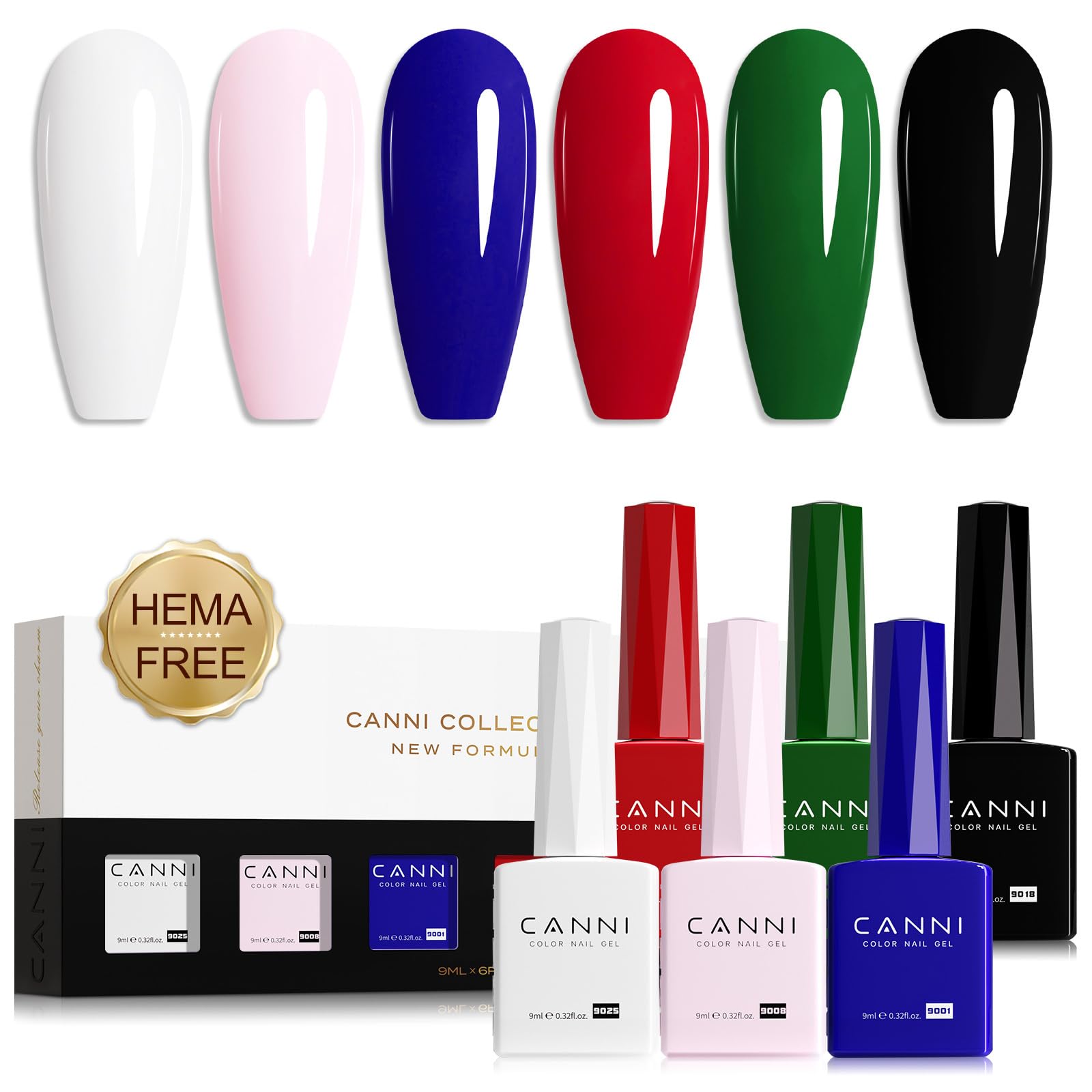 CANNI Gel Nail Polish Set – 6 Classic Colors (White, Pink, Blue, Red, Green, Black), HEMA-Free, Soak-Off UV LED Gel, Long Lasting for DIY Manicure &