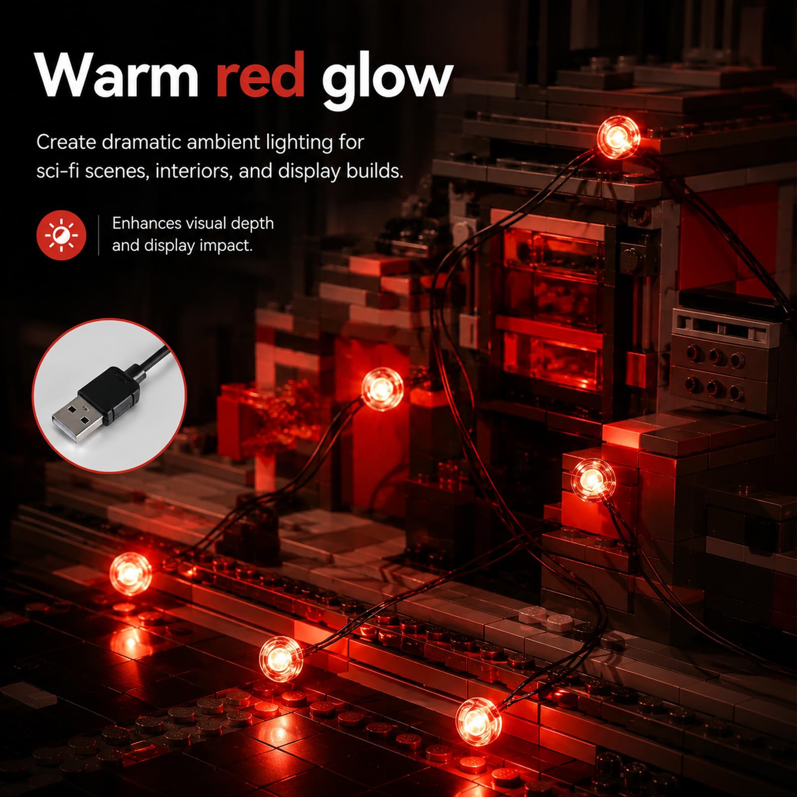 6 in 1 Bausteinlampen, LED Beleuchtung 1×1 Rund USB für Klemmbausteine & Bricks, Modellbau Licht DIY-Beleuchtungsbaustein-Zubehör Leuchtsteine kompatibel mit MOC für Diorama & Vitrine (Rot)