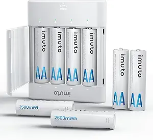imuto Lithium Batteries AA 8 Pack with Slim Charger, 2500 mWh 1.5V Rechargeable AA Lithium Battery Rechargeable Li-ion AA Batteries 1600 Cycles Long Lasting (8Pack-2500mWh)