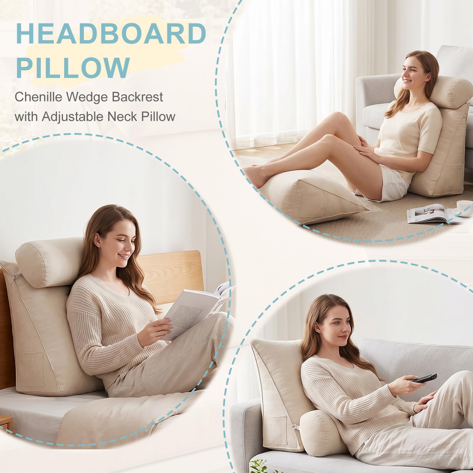 Cuscino da Lettura per Letto E Divano, Schienale Letto Ergonomico in Velluto con Rullo Poggiatesta Regolabile, Cuscino A Cuneo per Leggere A Letto, Supporto Lombare,Dark Red,60X50X20CM