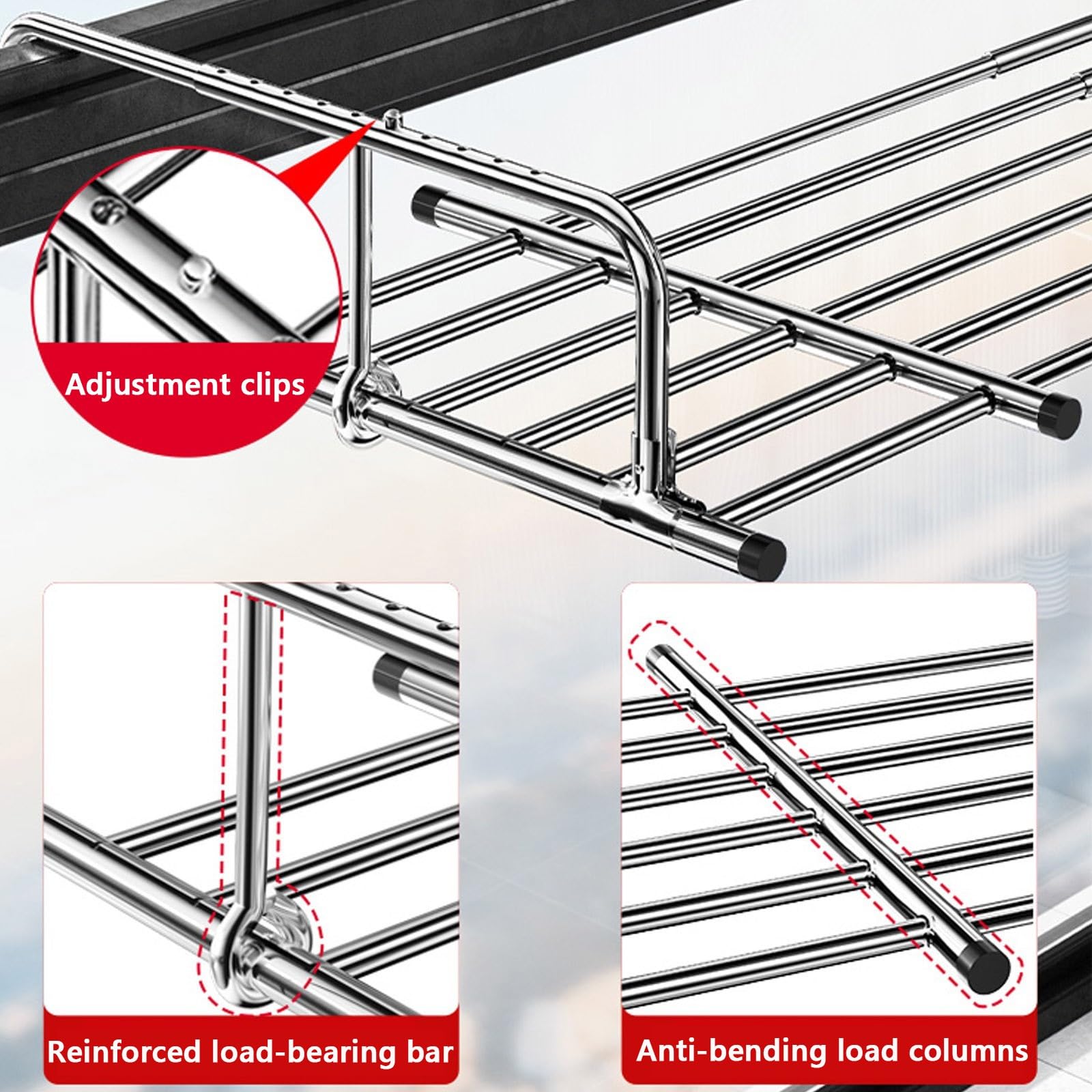 Teleskop Balkon-Wäschetrockner, Großes Fassungsvermögen Trockengestell Für Balkongeländer, Verdickter Dreifachhaken Verstellbarer Hängetrockner, Silber Ausziehbare Länge 24-63 Zoll ( Size : 34in-63in