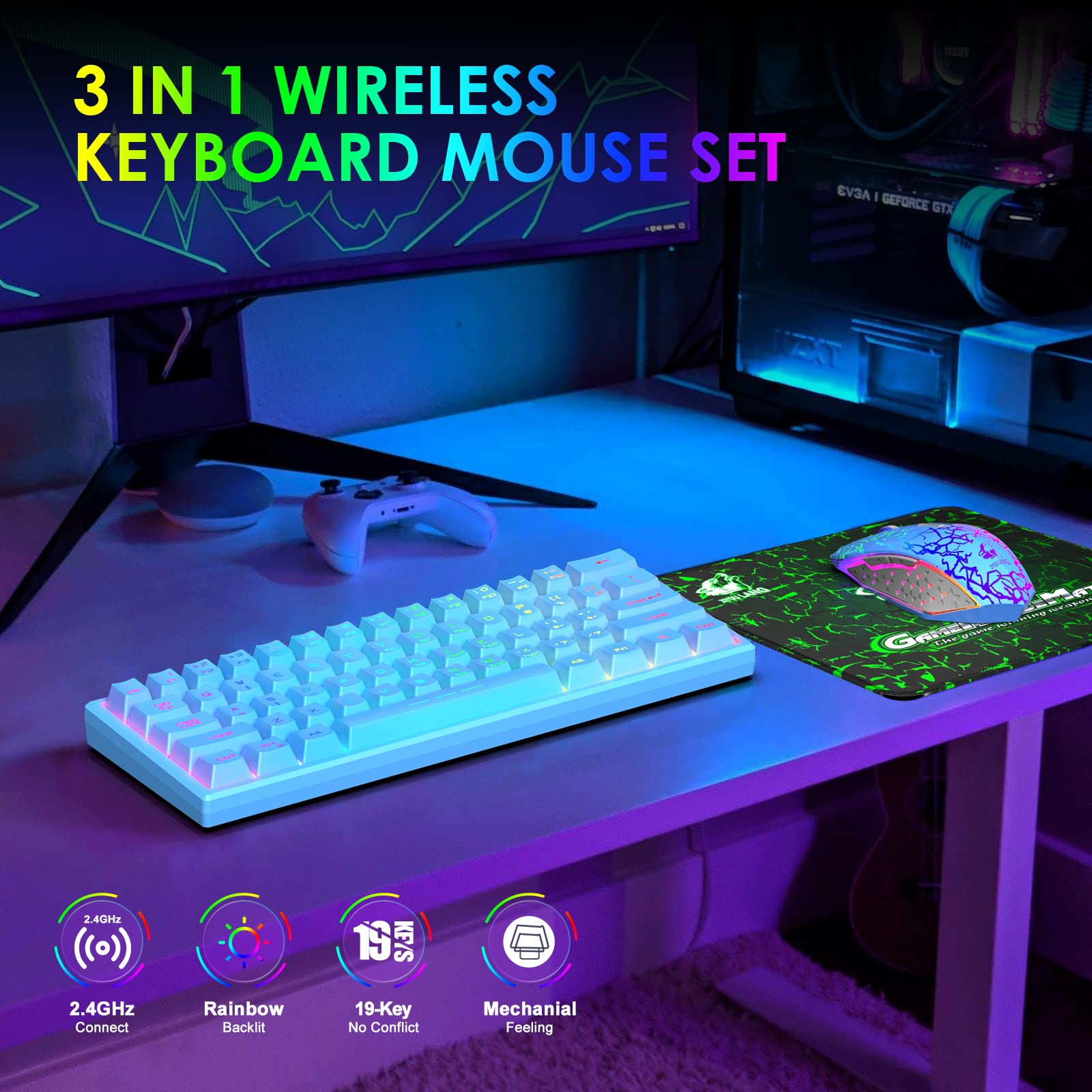60% Kabellos Gaming Tastatur und Maus Combo Set 2,4 GHz Wiederaufladbare 3800 mAh 61 Tasten Kompakttastatur mit Rainbow LED Hintergrundbeleuchtung + 2400 DPI 6 Tasten Rainbow LED Silent Mouse (Blau)