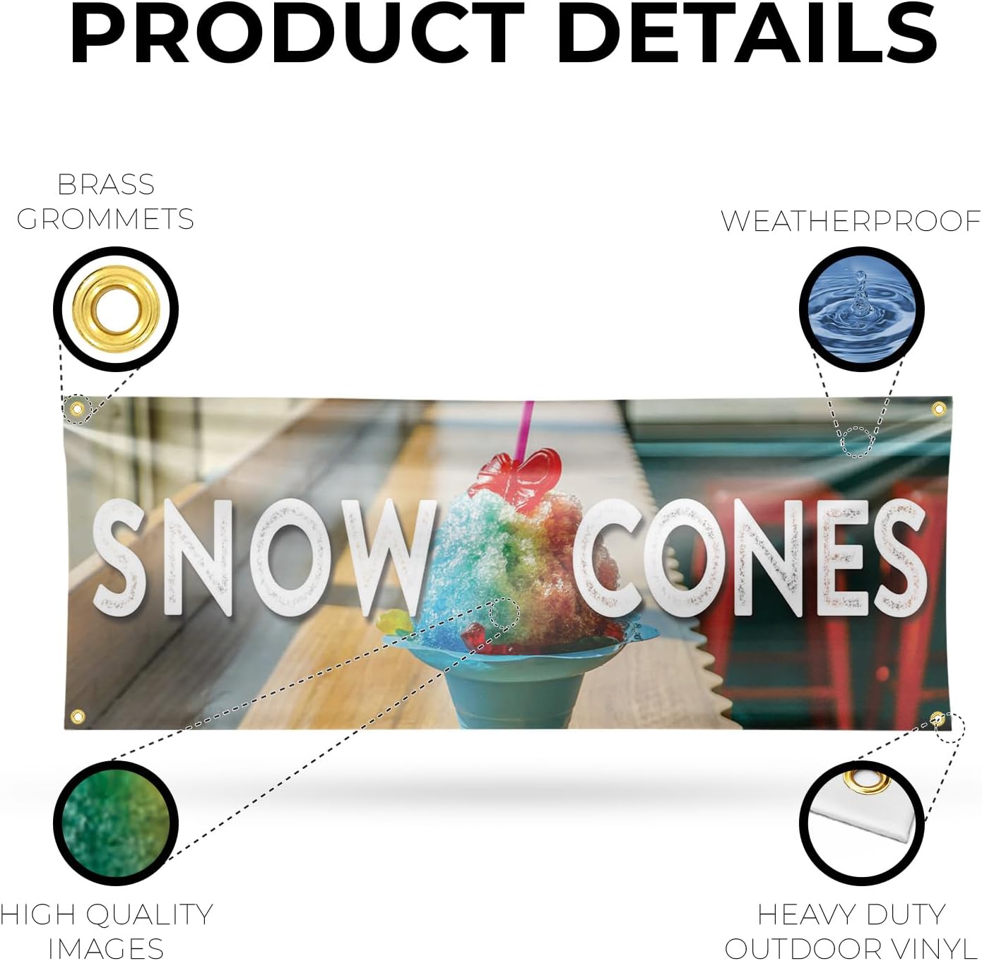Snow Cones Banner Sign 18 Inch x 48 Inch | 13 oz Vinyl with Metal Grommets | Heavy-Duty Single-Sided Outdoor Durable Printed High-Quality Weatherproof | Made in the USA