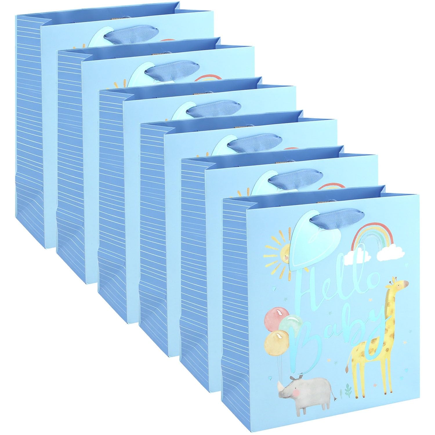 Eurowrap Hello Baby Boy Blue Medium Gift Bags Pack of 6 with Foil Detail, Ribbon Handles and Gift Tags, Baby Shower Supplies and Newborn Gifts