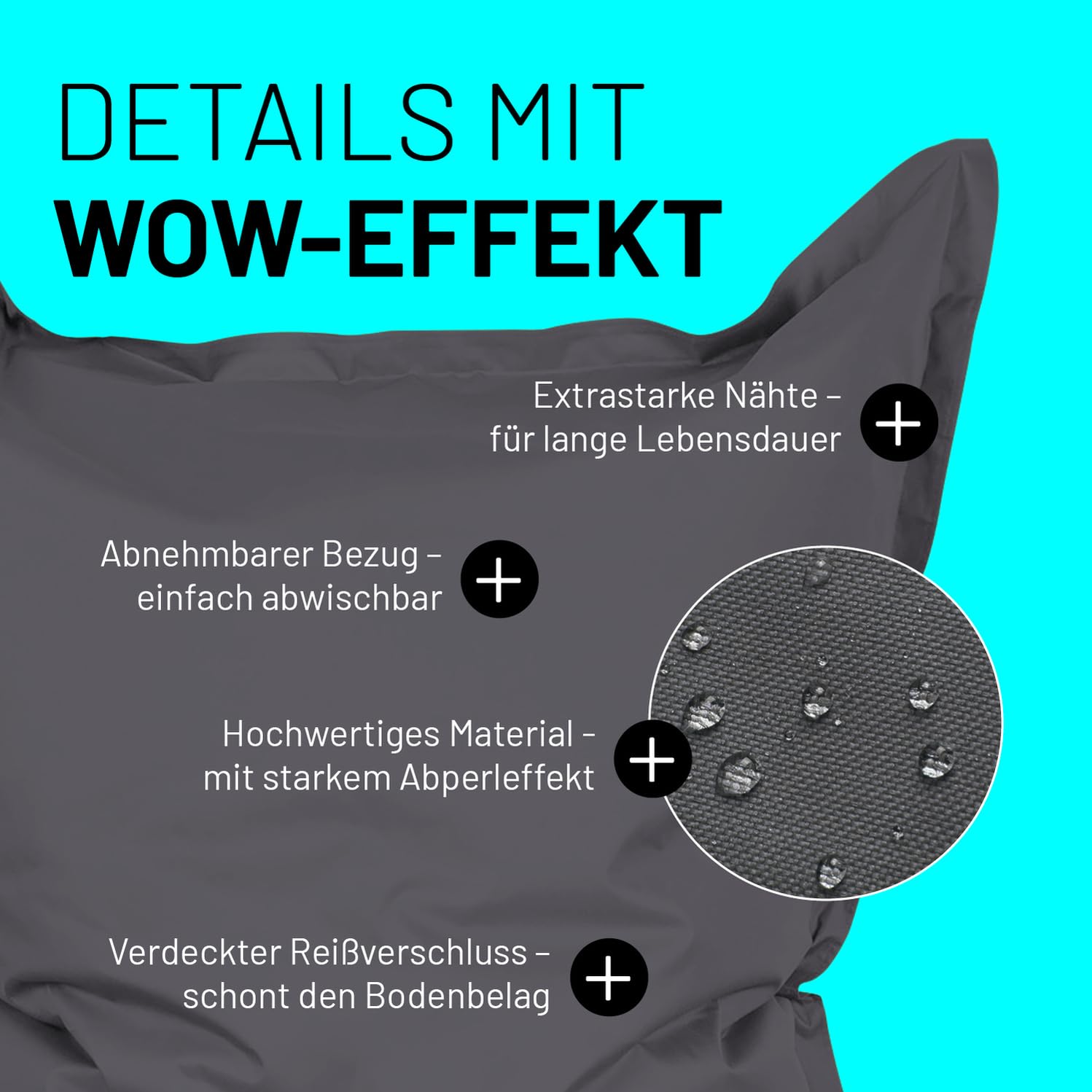 Lumaland Riesen-Sitzsack XXL 140x180 cm | Wasserfestes Indoor & Outdoor Liegekissen mit über 3 Mio. anpassungsfähigen EPS-Perlen | Bean Bag mit waschbarem Bezug [Anthrazit]