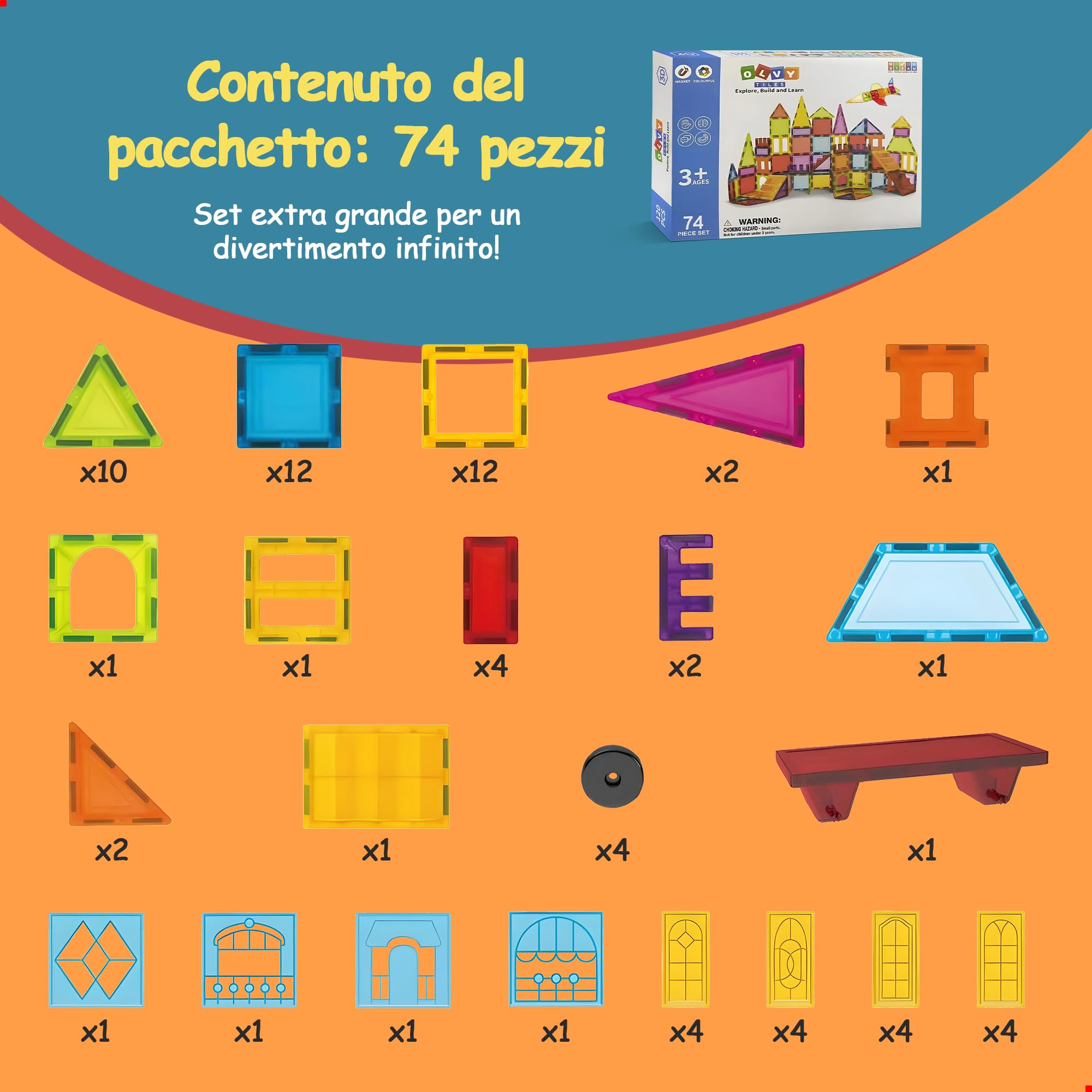 Olvy Set 74 Blocchi Magnetici per Bambini, Piastrelle Magnetiche Montessori, Gioco di Costruzioni Magnetiche 3+ Anni, Giocattoli Educativi per Ragazzi e Ragazze