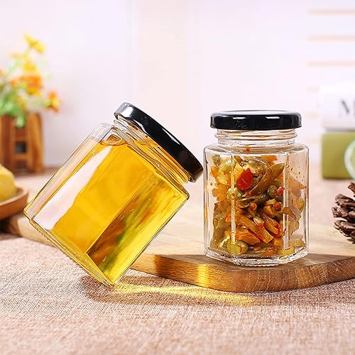 Miniatura 6 de Woaiwo-q Tarros de miel hexagonales de cristal de 6 onzas, paquete de 25 tarros de vidrio con tapas negras, palos de miel de madera, colgantes de