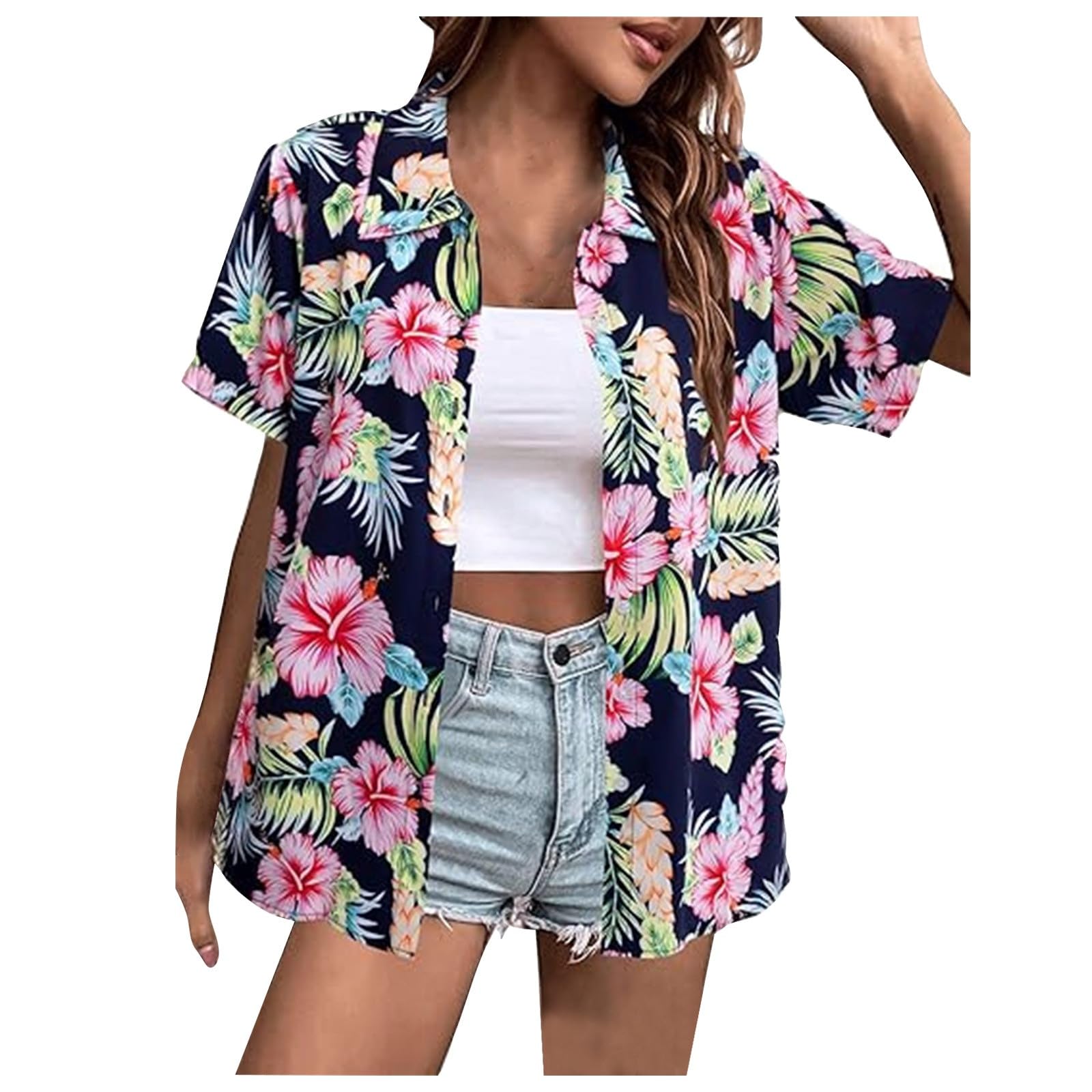 Camicia hawaiana da donna per feste, abbigliamento hawaiano, camicia estiva hawaiana, a maniche corte, da spiaggia, con tasca frontale, per feste, camicie hawaiane, casual, camicetta hawaiana