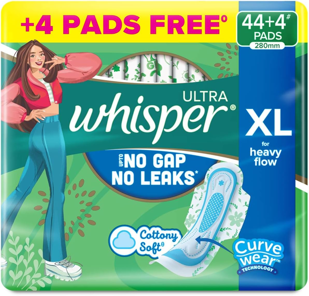 Ultra Upto No Gap No Leaks* Sanitary Pads, 48 XL Pads, For Heavy Flow Protection, With CURVEWEAR Technology, Cotton Like Softness, Disposable Wrapper, Locks Odour & Wetness (*Based on P&G Technical Data) (Product Does Not Contain Cotton)