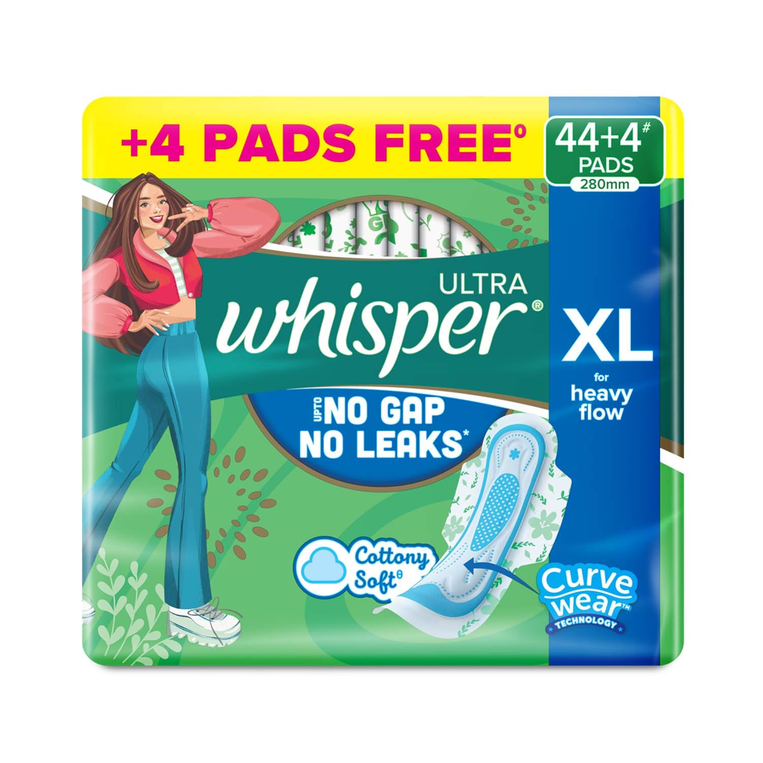 Whisper Ultra Hygiene+Comfort Sanitary Pads, 44 XL Pads, XL for Heavy Flow, Ultimate Protection & Comfort, Locks Odour & wetness, Cotton like soft top...