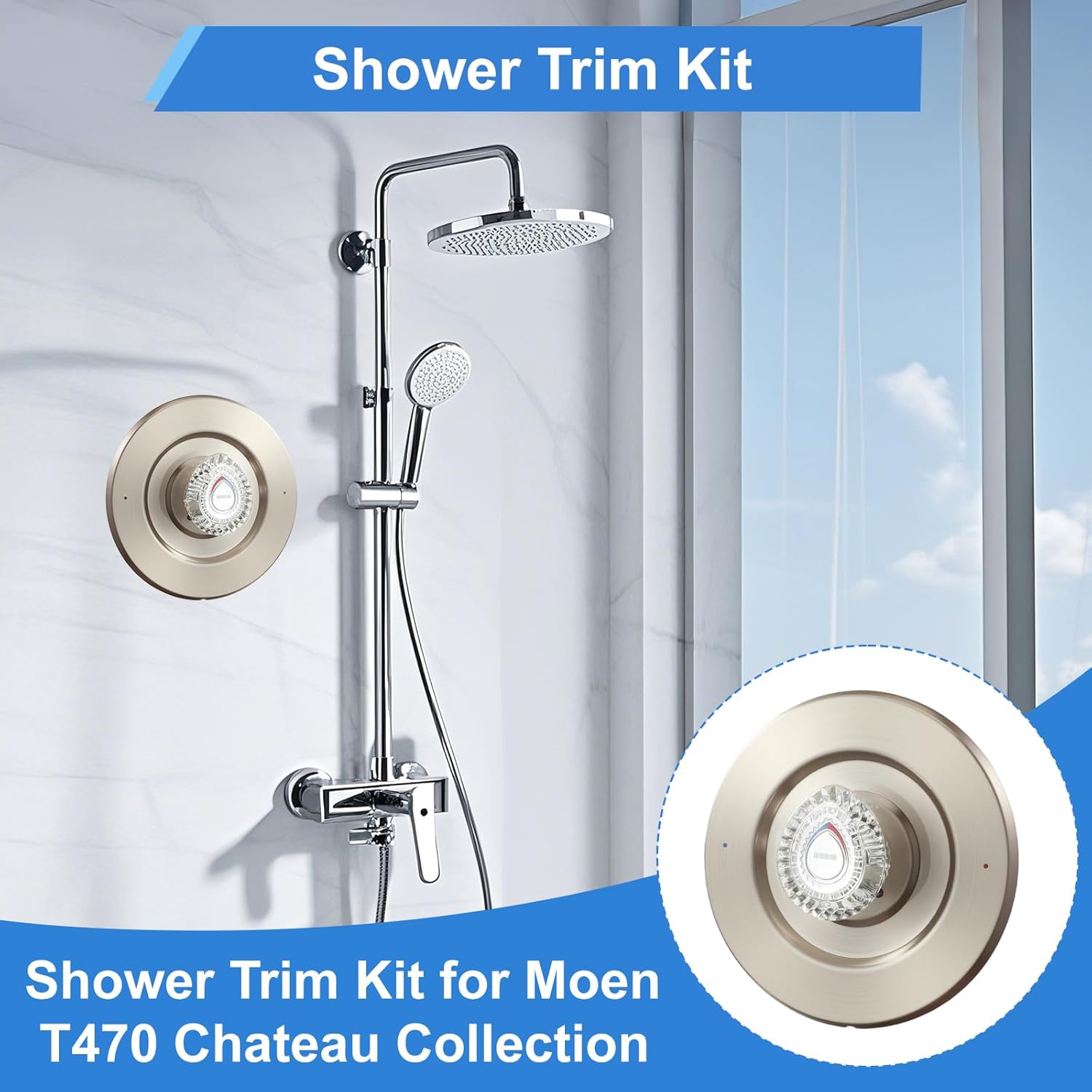 Satin Nickel Shower Trim Kit, Compatible with Moen T470 31661SN Chateau Series Shower Trim Kit and Tub/Shower Trim, for Moen 1225 Trim Kit, Includes Escutcheon, Tubes, Shower handle and Screws