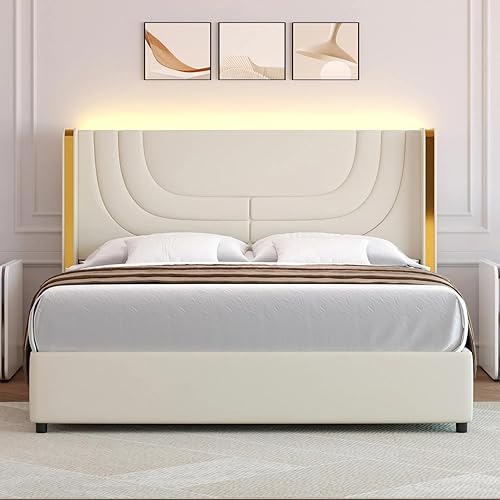 Miniatura 3 de Marco de cama tamaño Queen con luces LED, plataforma tapizada de piel sintética con cabecera de ala plateada, estilo moderno, no necesita somier,