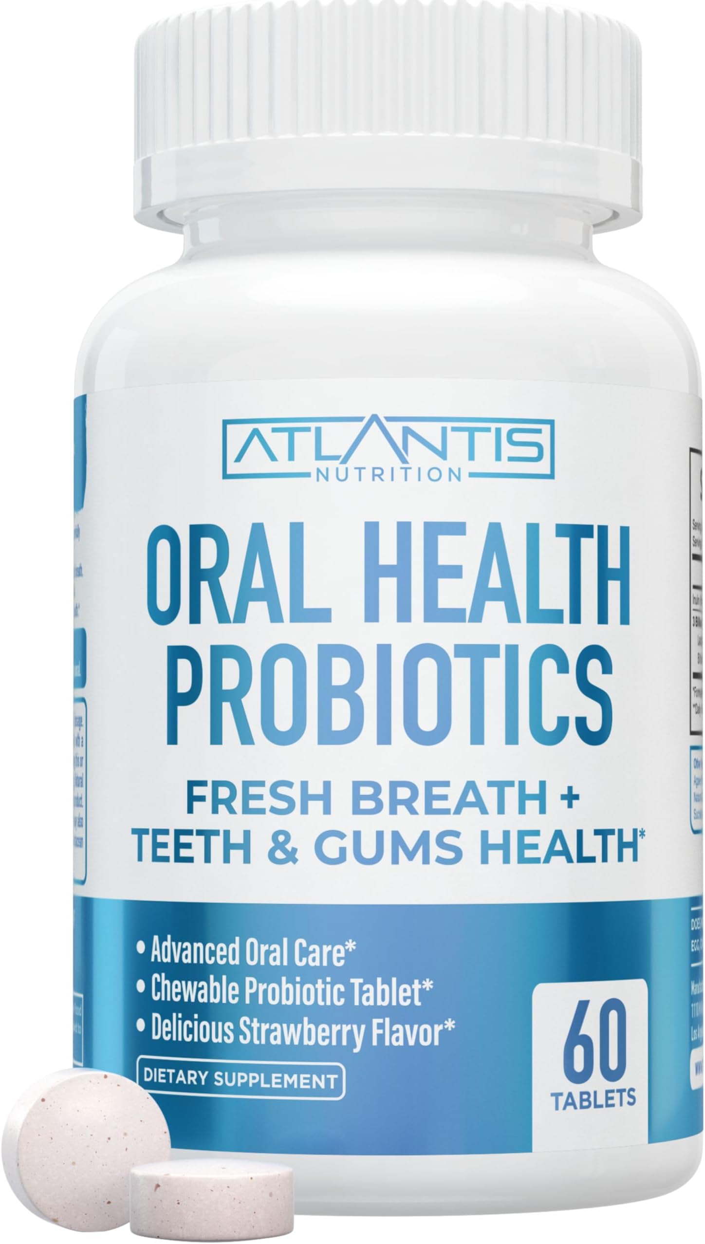 Atlantis Nutrition Oral Probiotics Chewable Tablet - Dental Probiotic for Gum Care & Teeth Care - Bad Breath Treatment for Adults - 3 Billion CFU Probiotic Blend/Tablet - Strawberry Flavor- 60 Tablets
