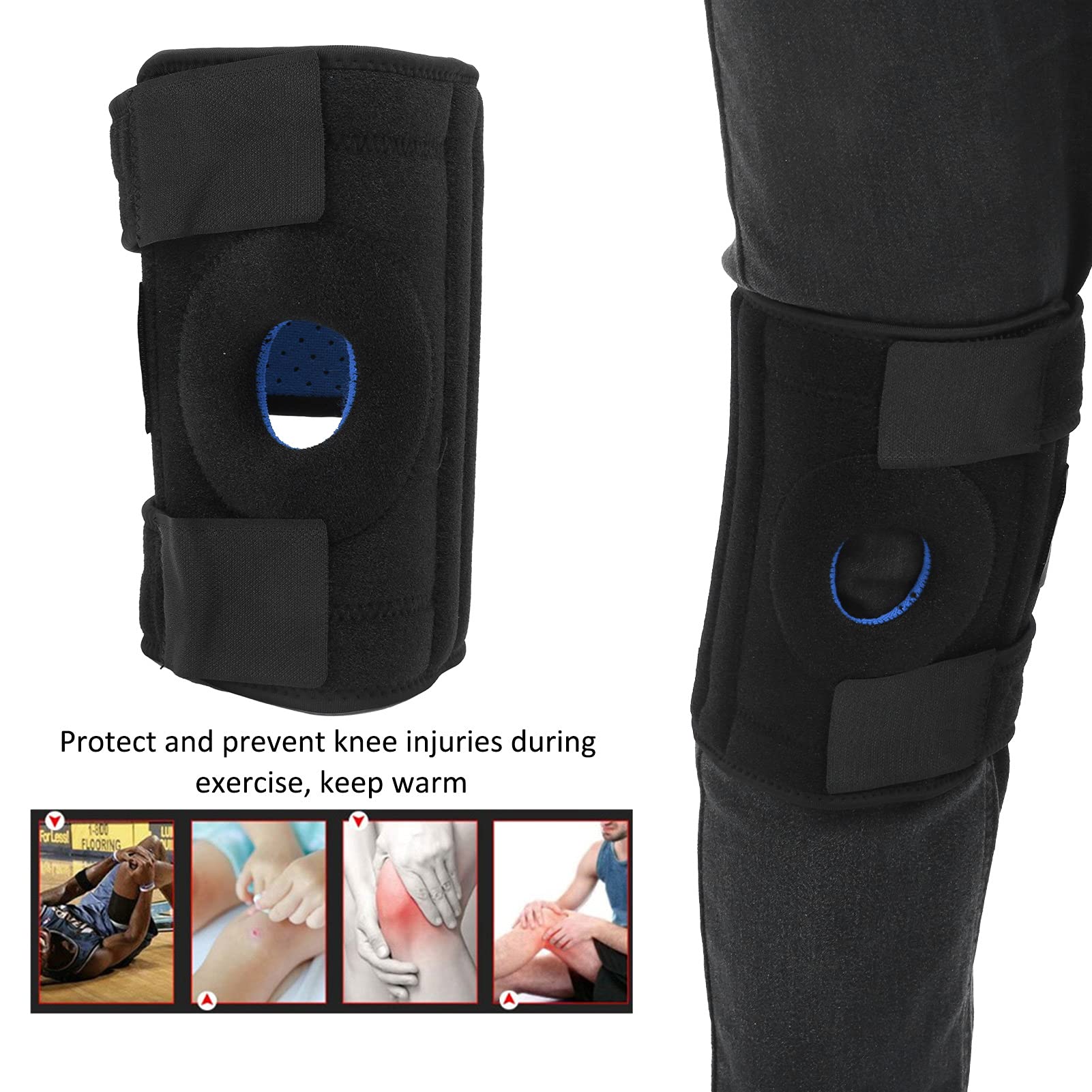 FUZHUI 4 Springs Perforated Breathable Knee Pad, Sports Safety Protective Gear with EVA Gasket, Anti Skid Strip, Adjustable Straps and Metal Spring Support for Basketball, Badminton, (Black Blue)