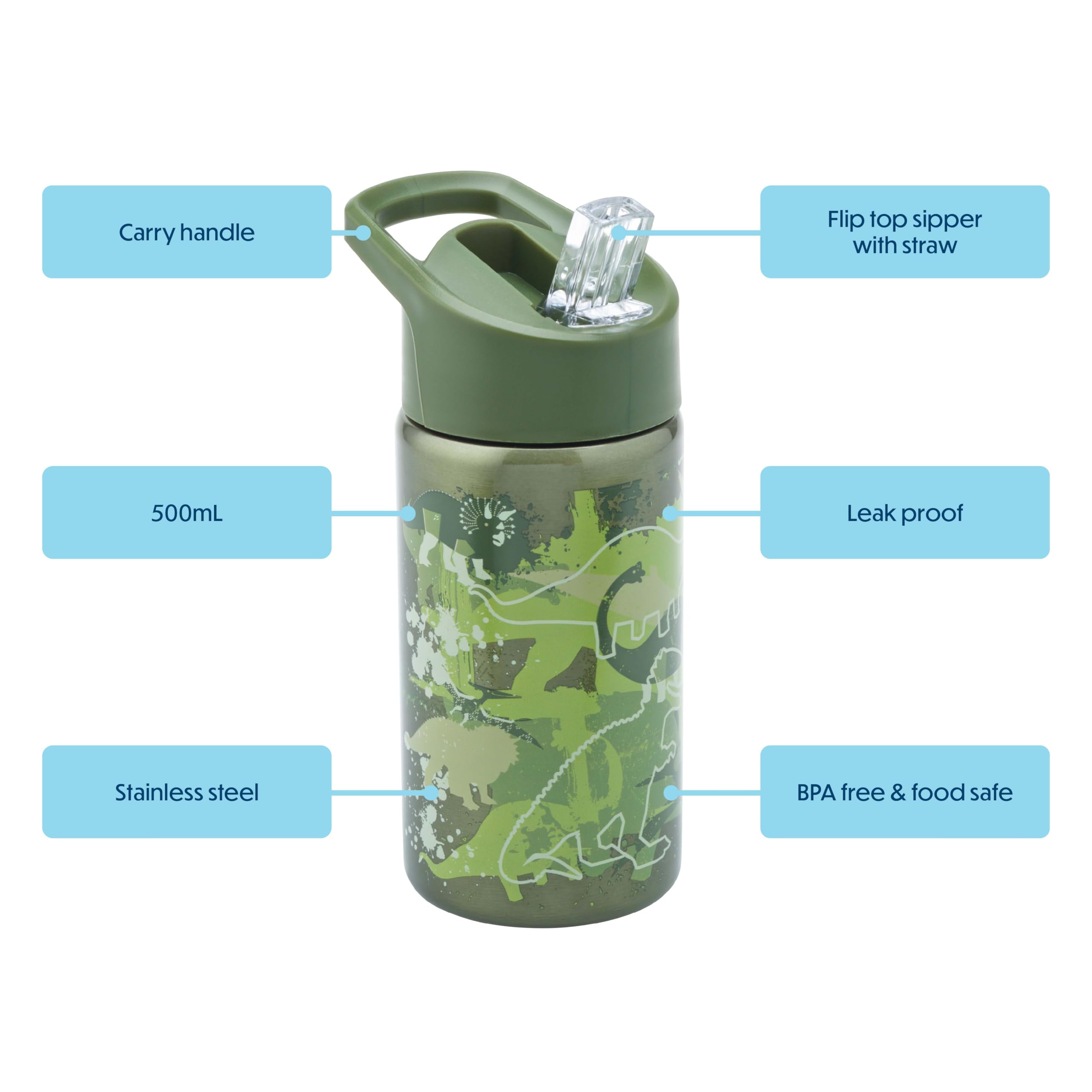 Smash Stainless Steel Drink Bottle with Flip Top Lid and Straw - Dino 500ml, Green, 500 ml - Image 2
