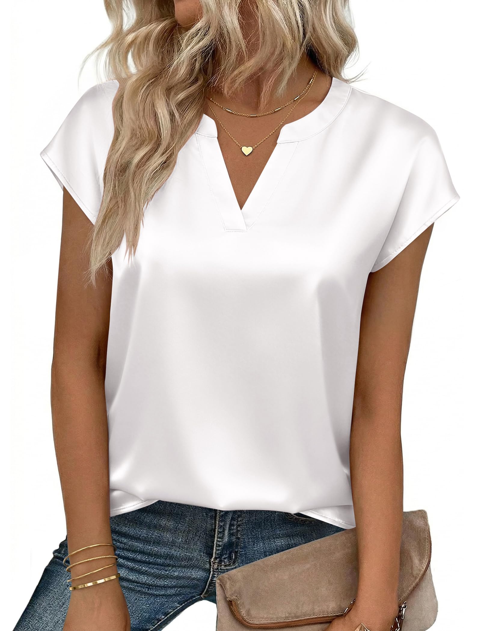 Zeagoo Women Tops Silk Satin Blouses V Neck Summer Shirts Cap Sleeve Business Casual Dressy Spring Clothing — view 2