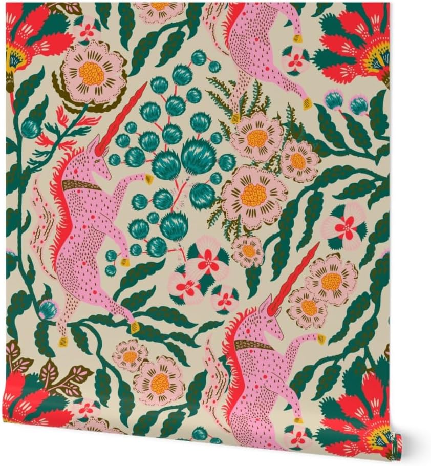 Peel & Stick Wallpaper Swatch - Maximalist Floral Flowers Unicorns Leaves Pink Green Fantasy Colorful Jungle Custom Removable Wallpaper by Spoonflower