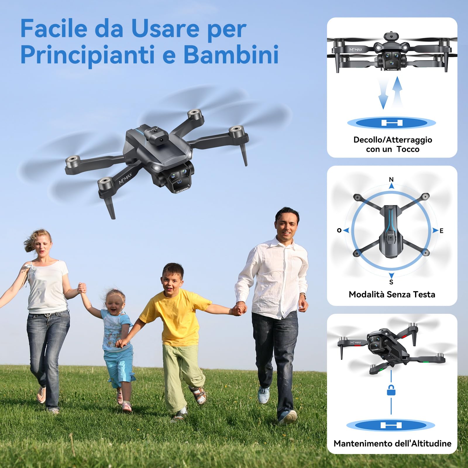 HYTOBP M°MAX Drone con Telecamera HD 1080P, Drone Professionale per Principianti, Droni con Volo Stazionario Stabile, Quadricottero RC Motore Brushless, Gesti Selfie, Volo Waypoint, 3 Batterie