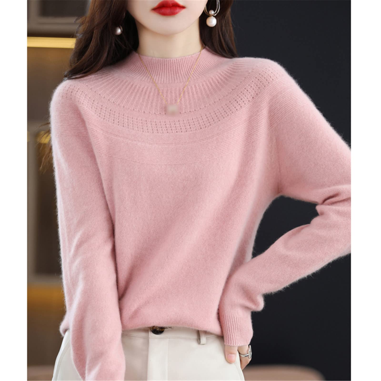 Kelsiop Suéter de cachemira sin costuras para mujer, suéter de lana con cuello alto para otoño e invierno, suéter de lana