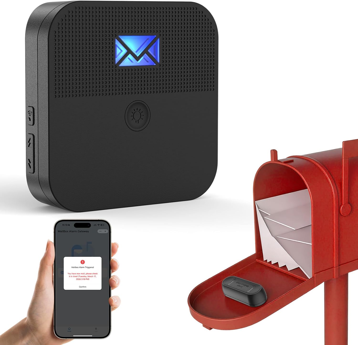 Smart Mailbox Alarm, WiFi Wireless Mailbox Sensor Long Range Mail Alert System with Real-time App Notifications with LED Light and Sound Reminders for Delivered Mail