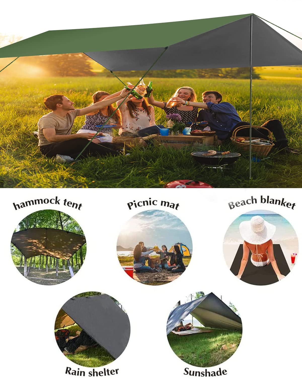 Telone per Amaca Telo da Campeggio per Rifugio, Impermeabile Anti-UV con 4 Chiodi in Alluminio 6 Corde del Vento Anti-Pioggia Panno Oxford Leggero E Compatto per Viaggio Picnic (Black)