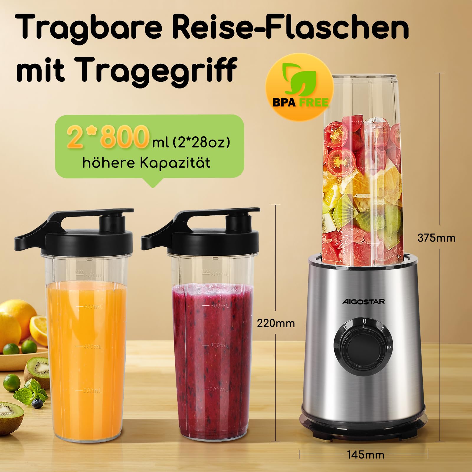 Aigostar Smoothie Maker, Mini Standmixer, 600W, 2 x 800ml Becher mit Reisedeckel, 2 Geschwindigkeitsstufen + Impulsfunktion, Ice-Crush-Funktionmit,Tritan-Kunststoff Flasche, BPA-frei. Baron