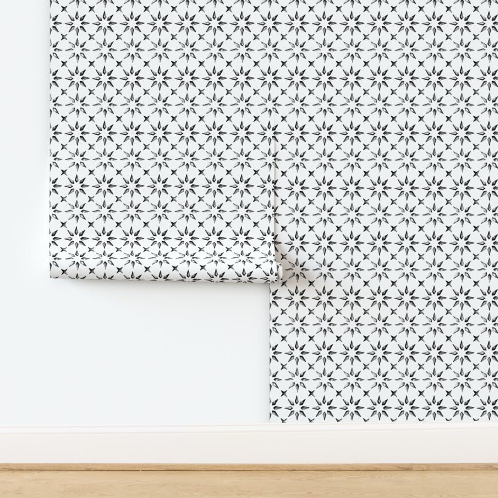 Peel & Stick Wallpaper 3ft x 2ft - Watercolor Tile Moroccan Black White Custom Removable Wallpaper by Spoonflower