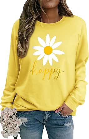 Damen Sweatshirt mit Gänseblümchen Muster Weicher Rundhals Pullover aus Baumwolle Lässiges Blumen Shirt Bequemes Frauen Oberteil