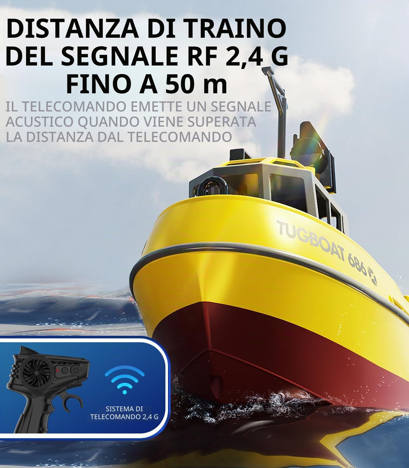 fisca Barca telecomandata – 1/72 barca RC ad alta velocità per piscine e laghi, rimorchiatori RC con 40 minuti di riproduzione e promemoria della batteria per bambini e adulti (giallo)