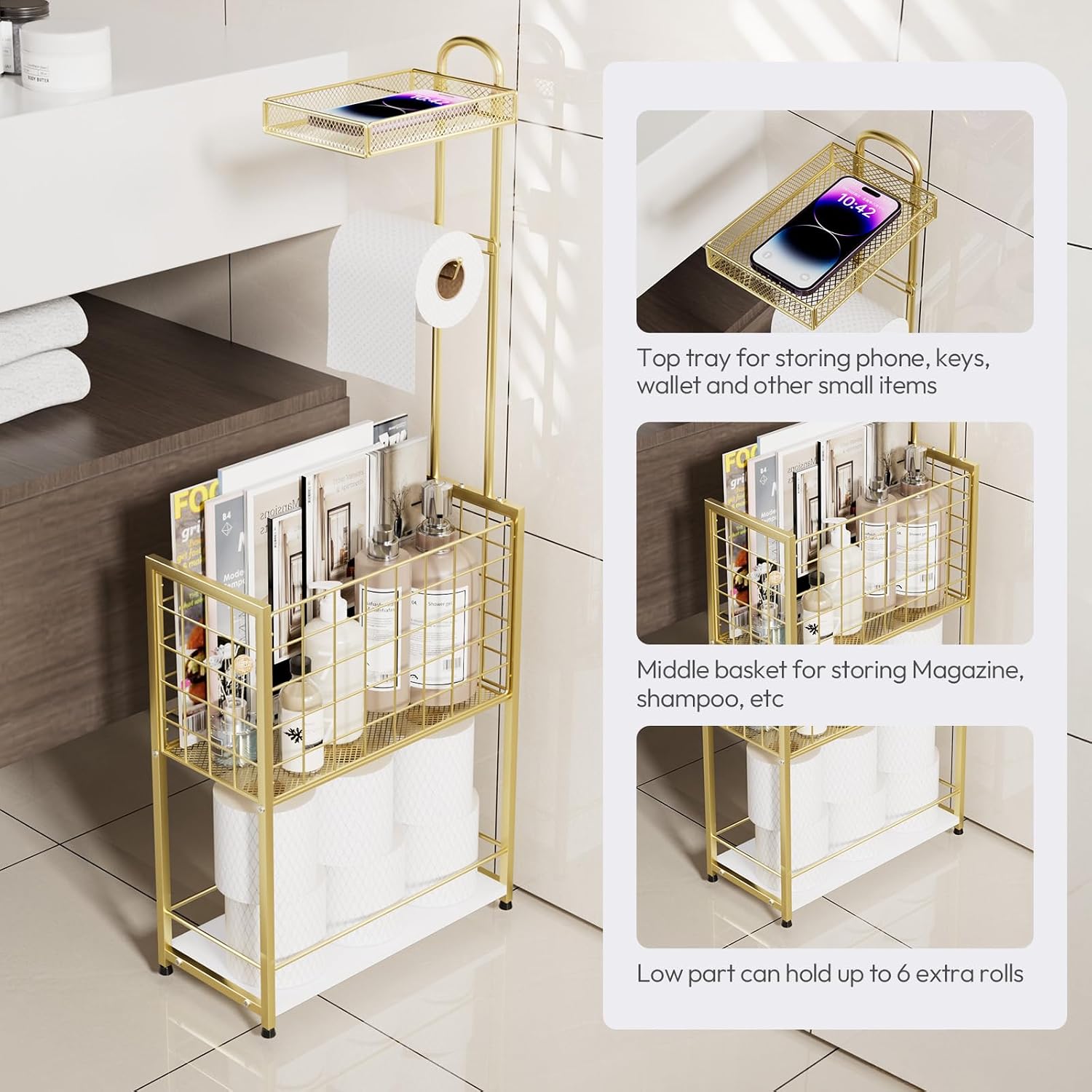 SWTYMIKI Freestanding Toilet Paper Holder - 4-Tier Free Standing Toilet Paper Holder Stand with Large Basket, Stand Mega Roll Storage Rack for Extra Rolls, Magazines, Wet Wipes, Gold image 2