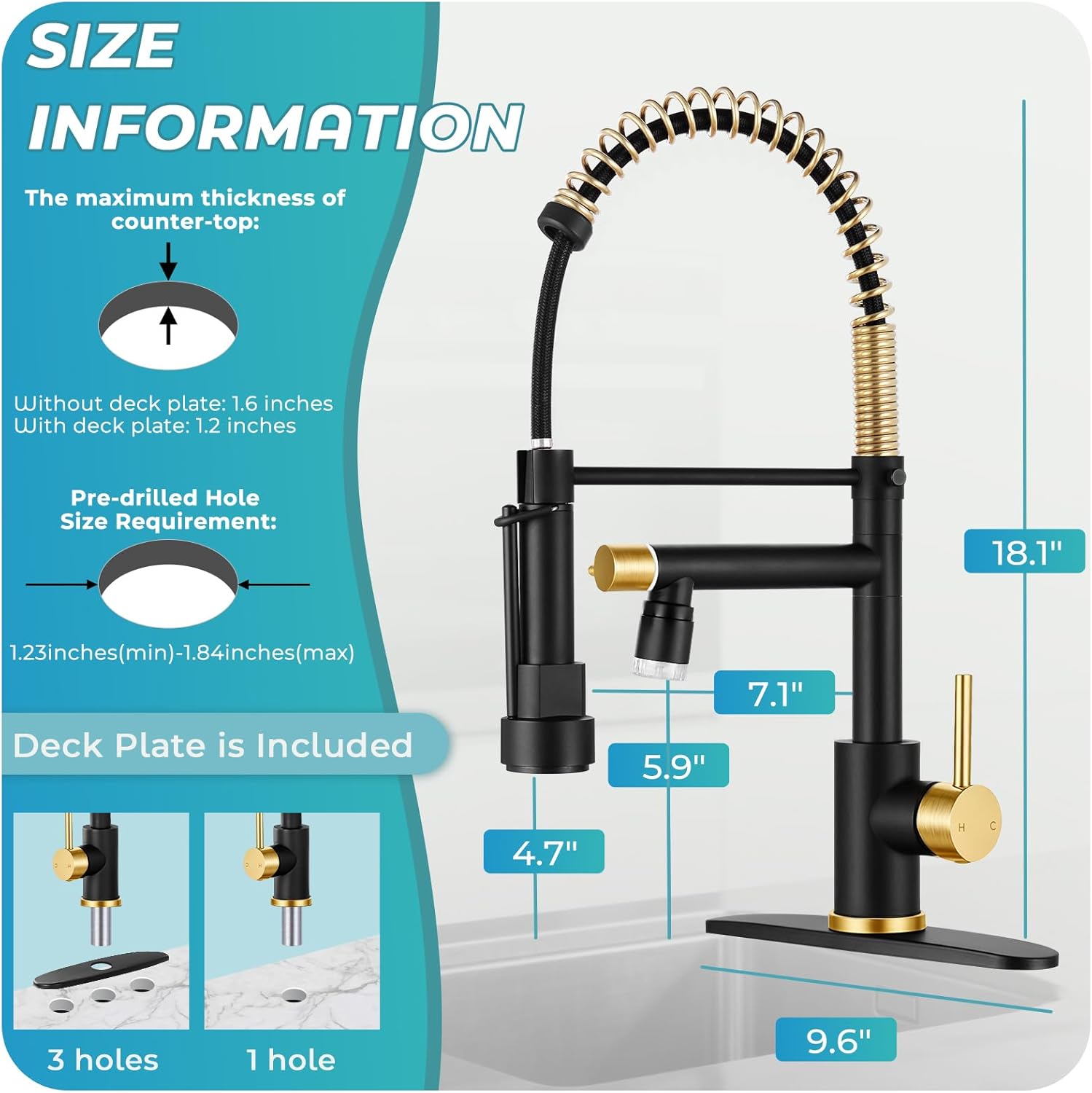 LED Kitchen Faucet with Pull Down Sprayer - Black & Brushed Gold Single Handle Commercial Kitchen Faucets, 2-Spout Kitchen Sink Faucet, Stainless Steel Spring Pull Out Sink Faucet 1/3 Hole