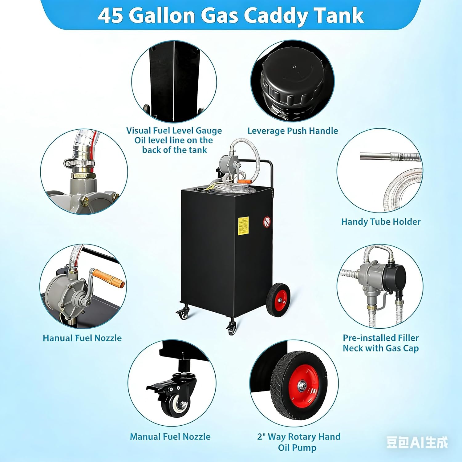 45 Gallon Fuel Caddy with Manual Pump, Heavy Duty Portable Gas & Diesel Transfer Tank on 4 Wheels, Spill-Proof Container for Truck, Tractor, Boat, ATV, Farm,Orange