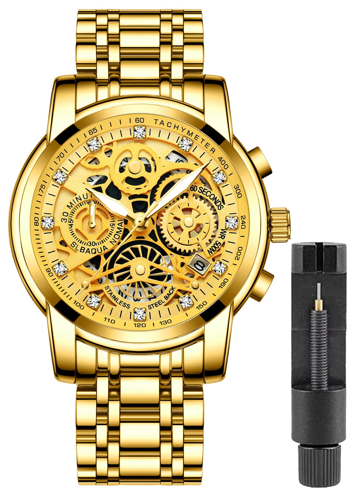 Gosasa Luxury Hollowed Mens Watches Diamonds Chronography High Grade Fashion Watch for Men Stainless Steel Calendar Luminous Quartz Waterproof Business Male Wristwatch, Gold, Luxury (B0BC14M9B5) Amazon Price History, Amazon Price Tracker
