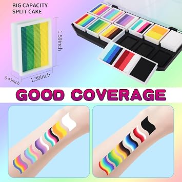Rainbow Face Paint Makeup Kit,Professional Easter Face Panting Kit,12 Split Cake One Stroke Set with 8 Brushes Stencil Stickers,124g/4.37oz Washable Facepaint for Halloween Children Party