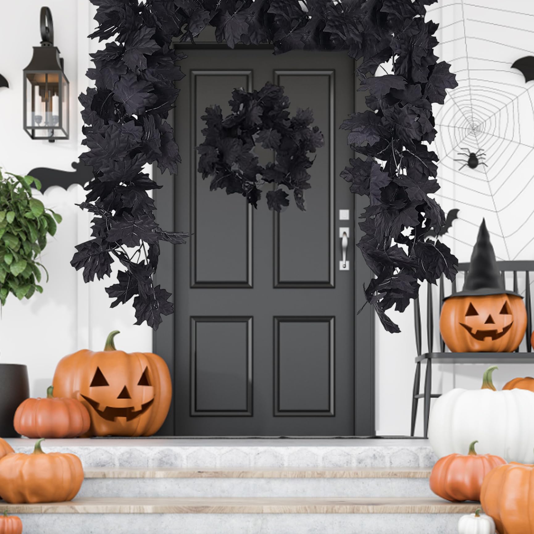 Feuillage Automne Guirlande Déco Halloween 1.8m - Feuilles D'Érable Noires Et Vigne Artificielles Guirlande Noire Pour Cheminée Porte