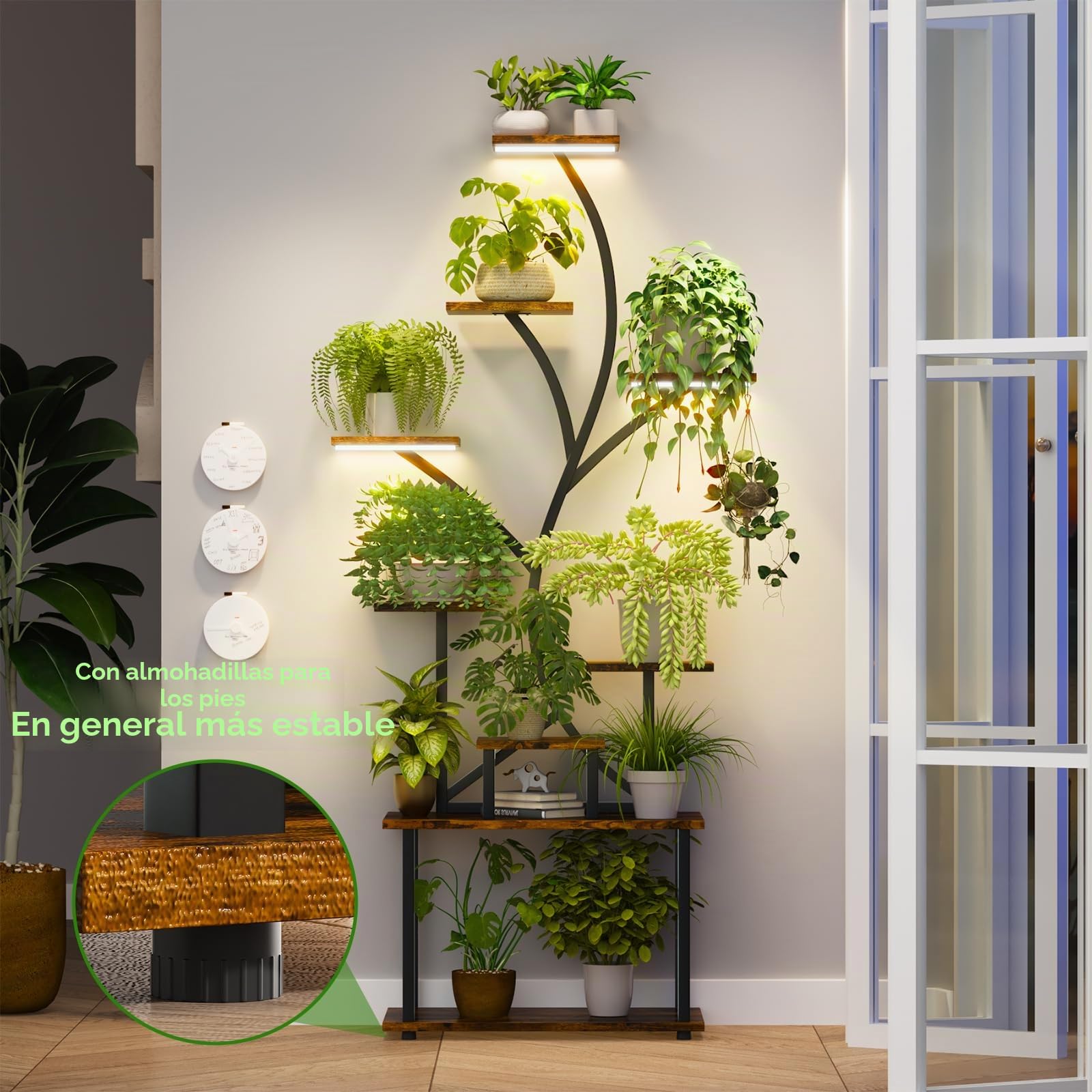 Soporte Plantas Interior de 9 Pisos con Luz de Crecimiento, 161 CM Estanteria para Plantas de Metal Altas Forma de S para Múltiples