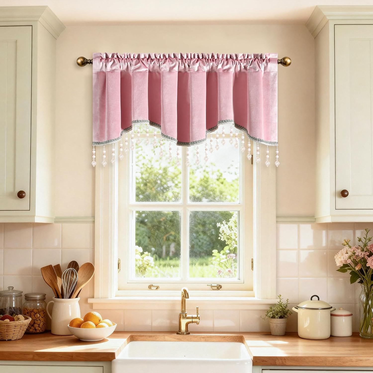 Leeva Pink Velvet Valance for Windows, Luxury Solid Color Wave Curtain with Beaded Tassels, Rod Pocket Elegant Window Topper for Living Room & Bedroom, 52x18 Inches