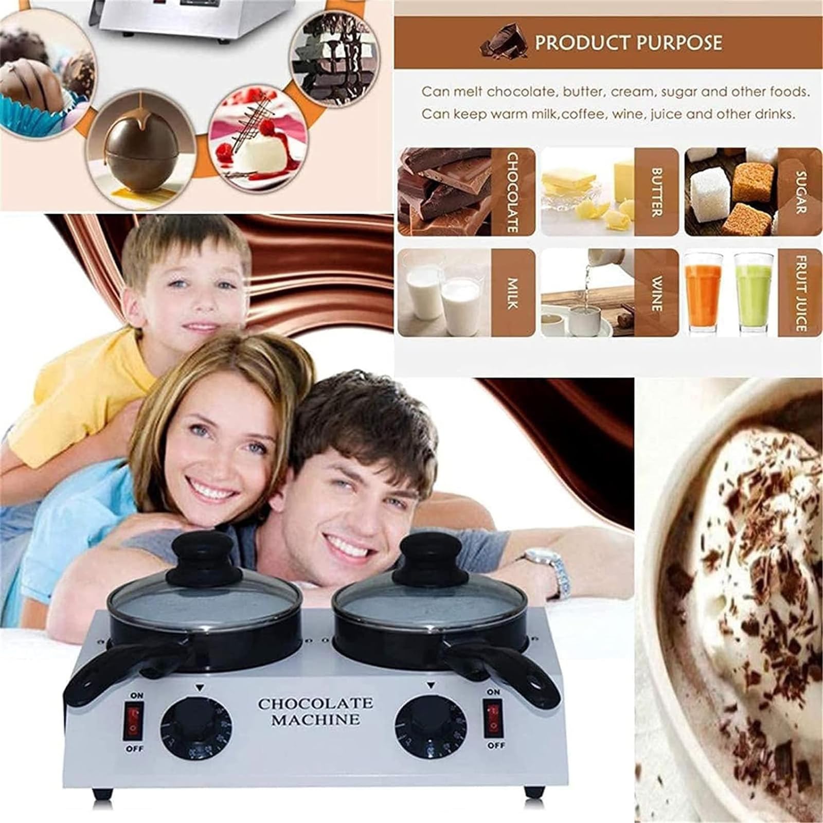 Pot À Chocolat 80W avec Double Pot, Machine À Tempérer Le Chocolat Antiadhésive avec 30~85 °C, Machine À Fondre Électrique Réglable pour Faire du Chocolat – 4 Outils De Cuisson