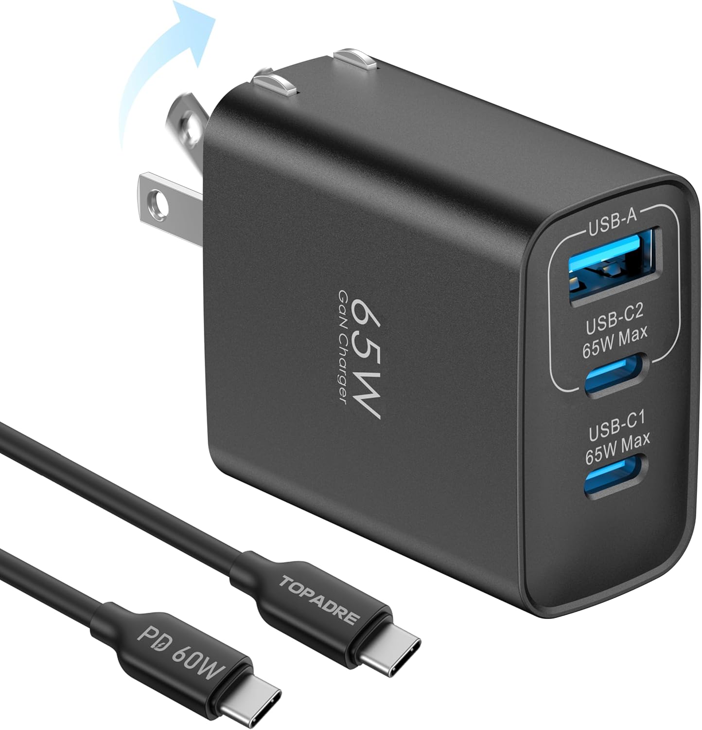 65W USB C Charger Block, 3 Ports GaN Wall Charger Foldable Compact Type C Fast Charger Charging for MacBook Pro/Air, for iPhone 16/16 Pro/16 Pro Max/15 Pro, for Samsung Galaxy S24/S23, White