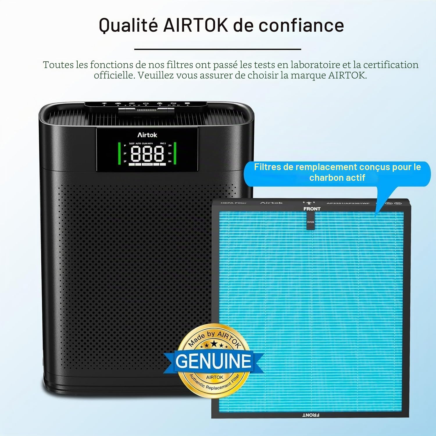 Filtre de remplacement HEPA Convient au purificateur d'air AP2301, Charbon actif à haute efficacité, Élimine le pollen, la poussière, les poils d'animaux et autres allergènes