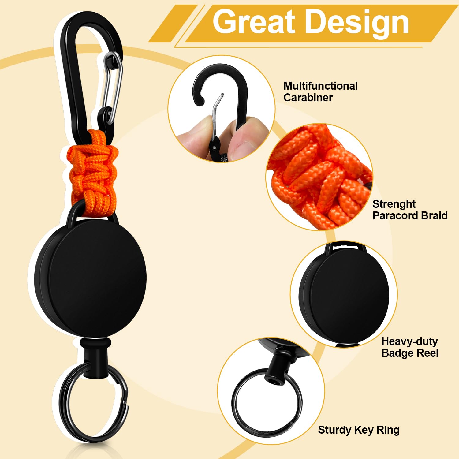 Retractable Keychain 3 Pack Heavy Duty Carabiner Badge Holder Extendable Reel ID Badge Holders Retractable for Keys Ring with 60 cm Steel Cord and Lanyard (): Black+orange+green