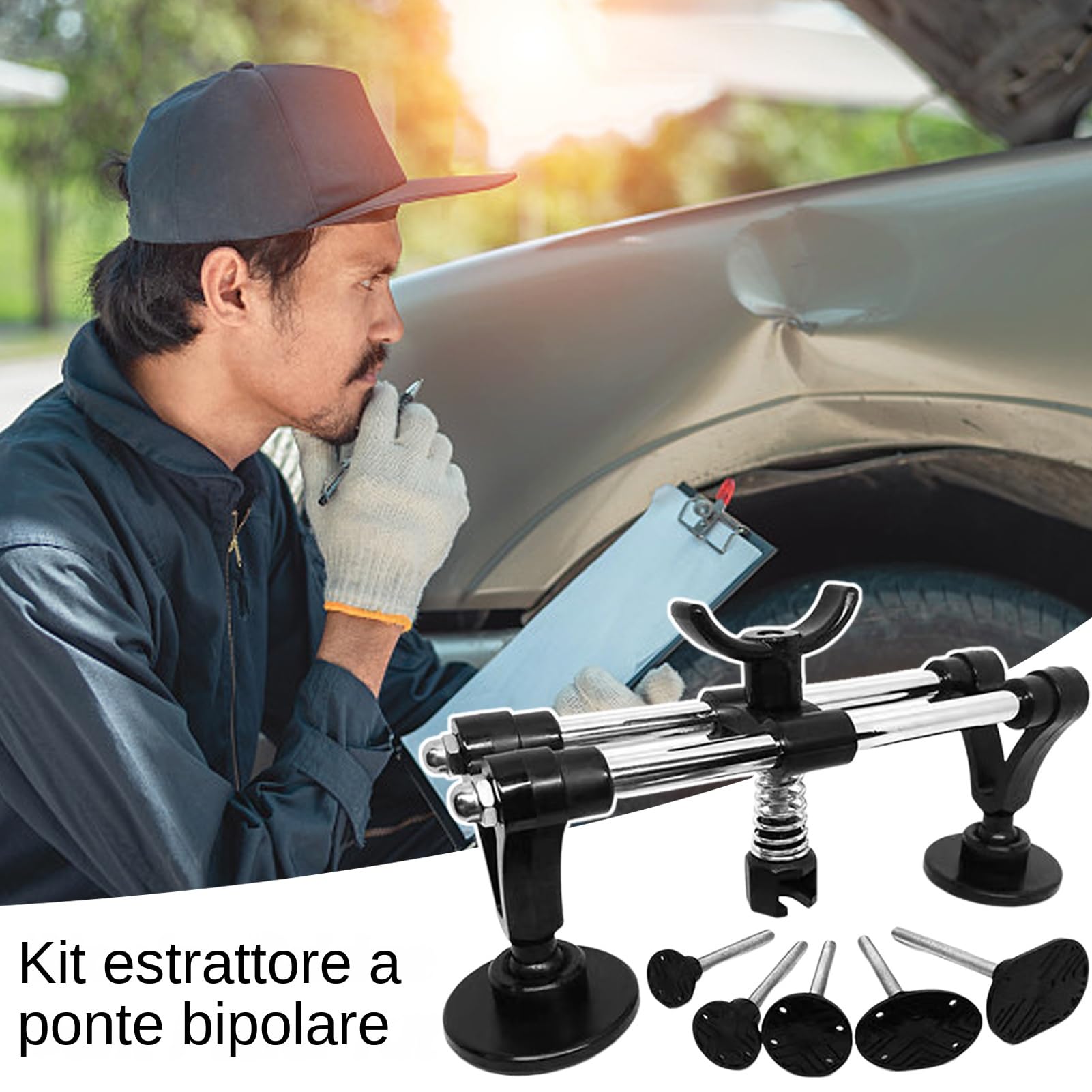 Kit per la rimozione di ammaccature, kit estrattore per ammaccature per carrozzeria - Kit estrattore per ponte - Estrattore di ammaccature in acciaio con doppio polo, Estrattore di ammaccature multifu