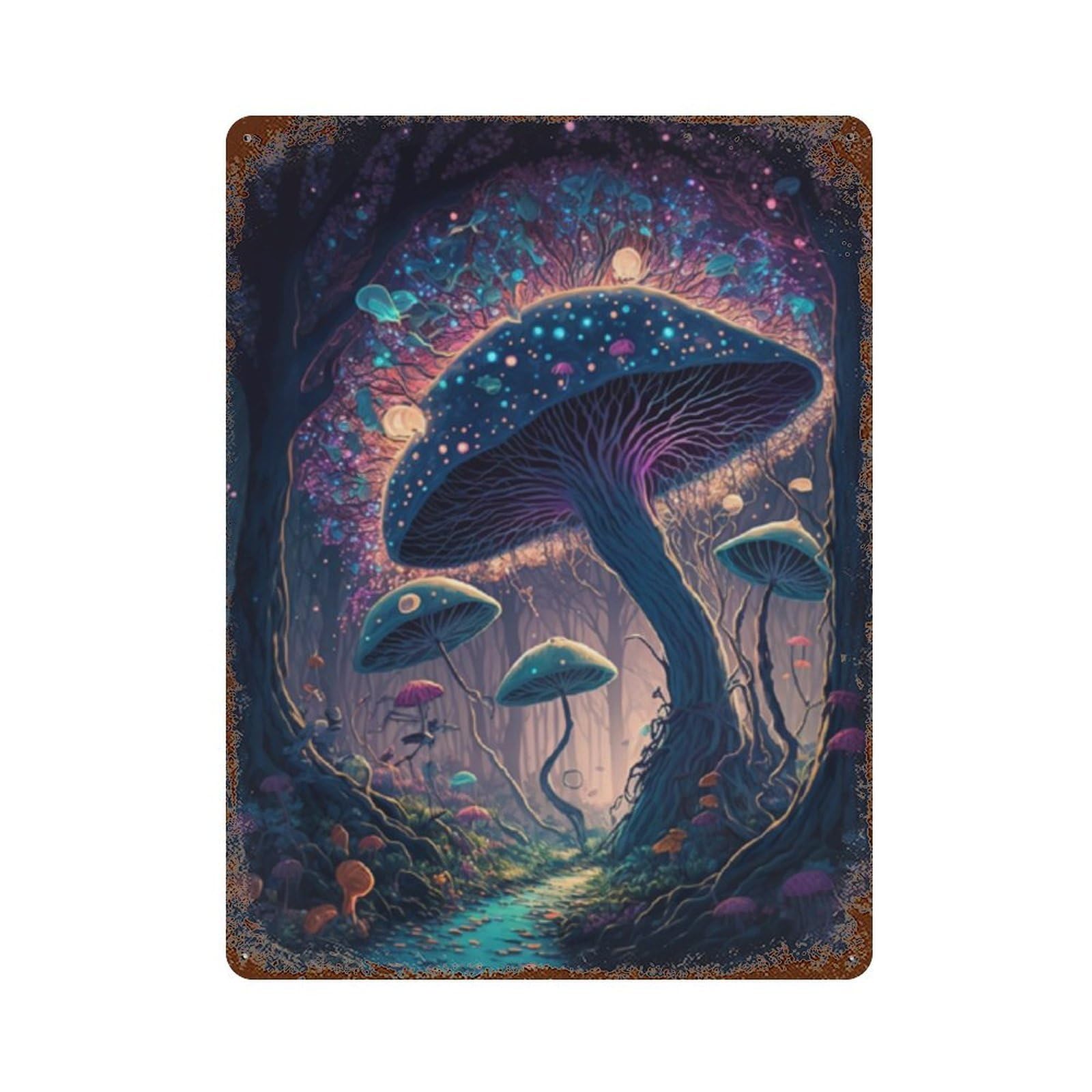 Garage Style Fantasy Mushroom Forest Pathway Rusty Metal Tin Sign 15.7"x11.8", Classic Wall Plaque for Bar And Workshop