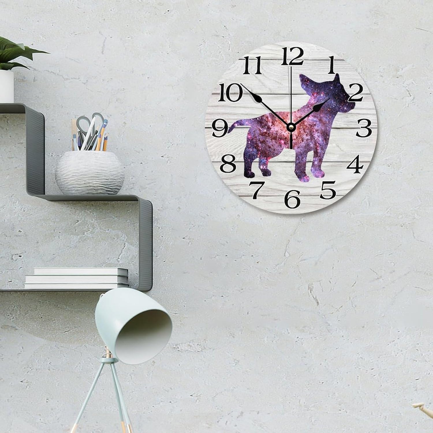 Starry Sky Silhouette Dog Bull Terrier Round Wooden Wall Clock 12x12 in Retro Silent Non-Ticking Battery Operated Wood Clock for Office Home Decor Wall Art Birthday Gifts for Dog Mom