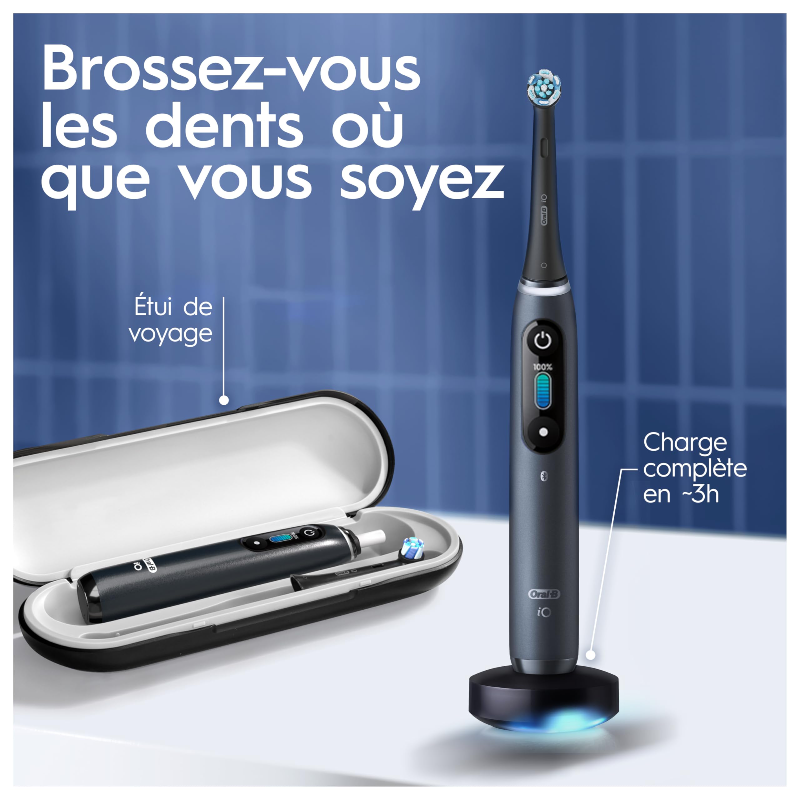 Oral-B iO 8N Brosse À Dents Électrique Noire connectée Bluetooth, 2 Brossettes, 1 Étui De Voyage