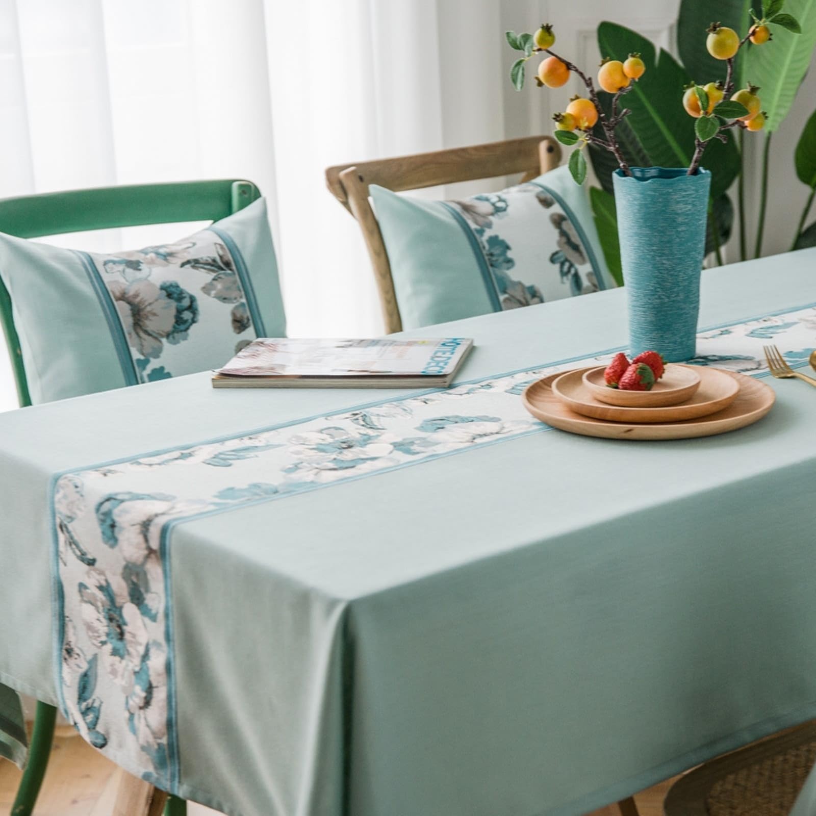 Tablecloth zielony, poliester zmywalny obrus haft kwiatowy obrus prostokątny 135 x 220 cm